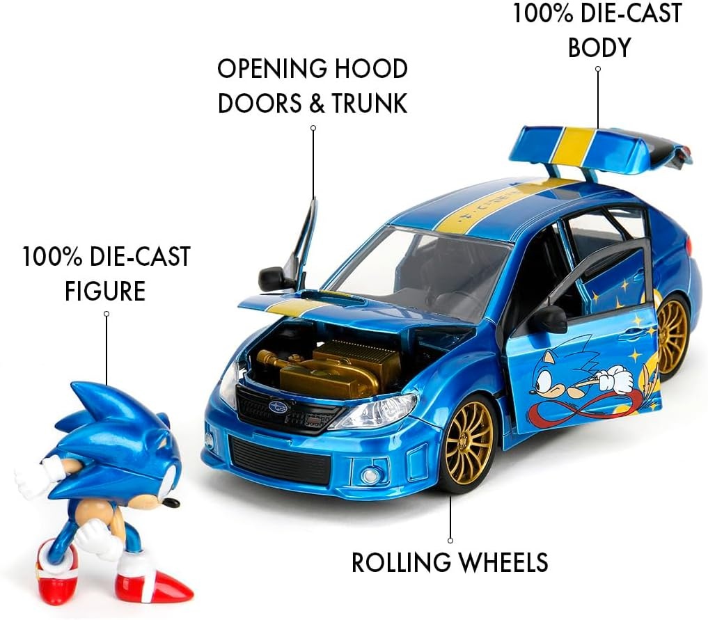 Jada 253255087 Sonic Subaru Impreza WRX STI 2012 - Modellauto 1:24 mit Figur Leichtmetallfelge, Auto, Fahrzeug, Rad, Spielzeug