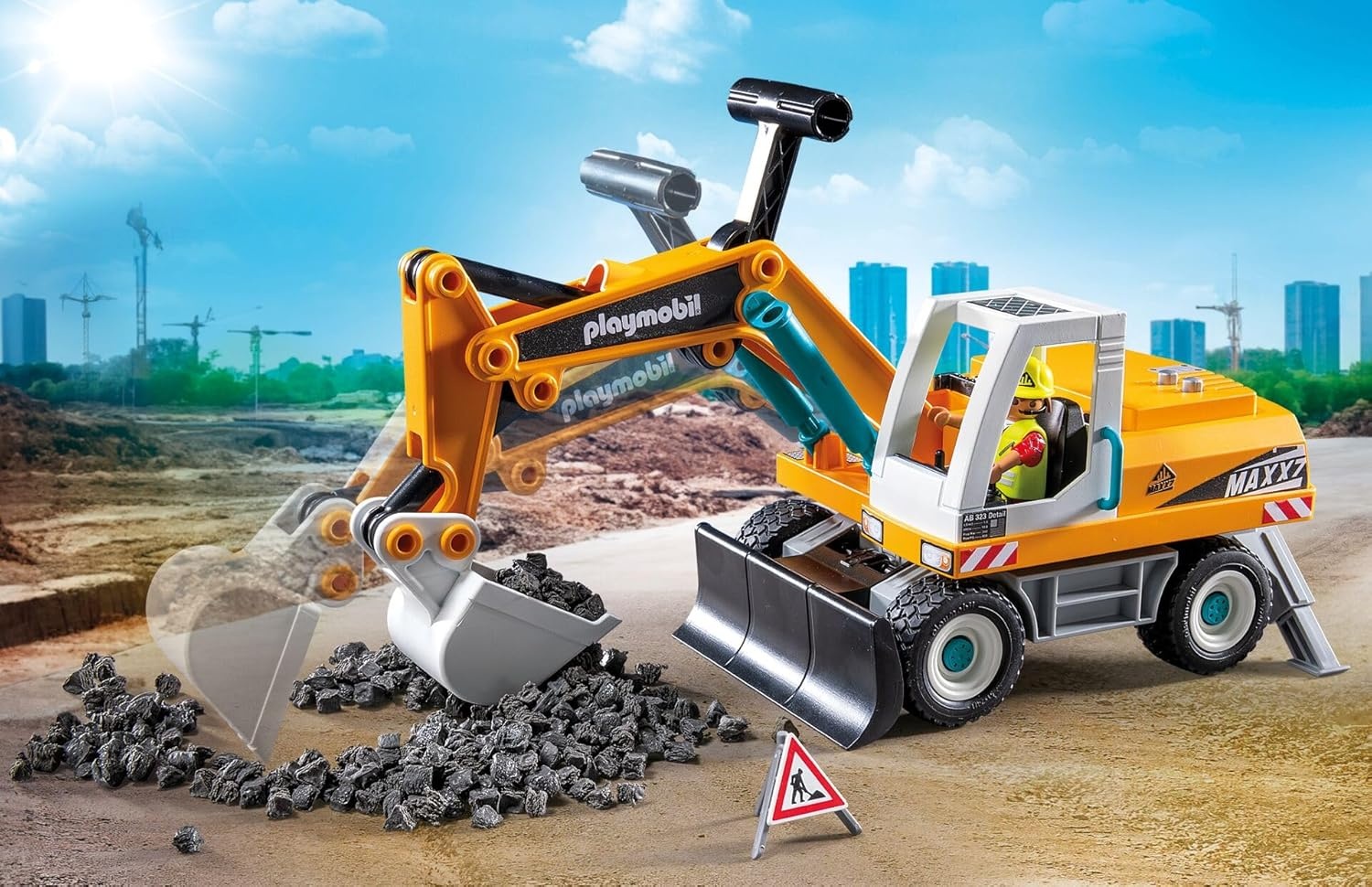 PLAYMOBIL 71749 Action Heroes: Großer Bagger mit beweglicher Schaufel und Bauarbeiter Maschine, Rasen, Rasenmäher, Pflanze, Werkzeug