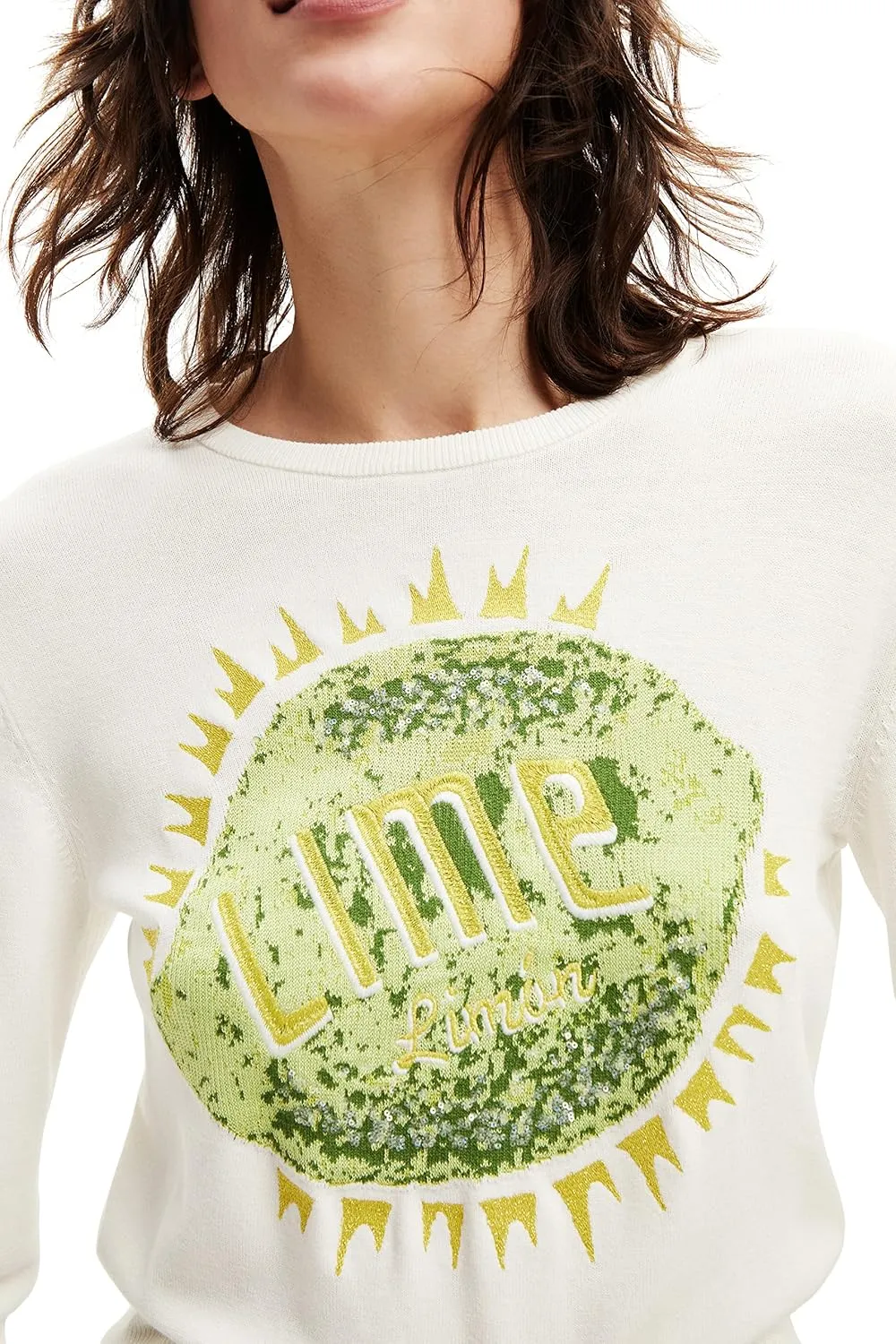 Desigual Damen Pullover - Strickpullover mit „Lime“ Paillettenmotiv 22WWJF311000 GR. S Desigual Damen Pullover - Strickpullover mit „Lime“ Paillettenmotiv 22WWJF311000 GR. S