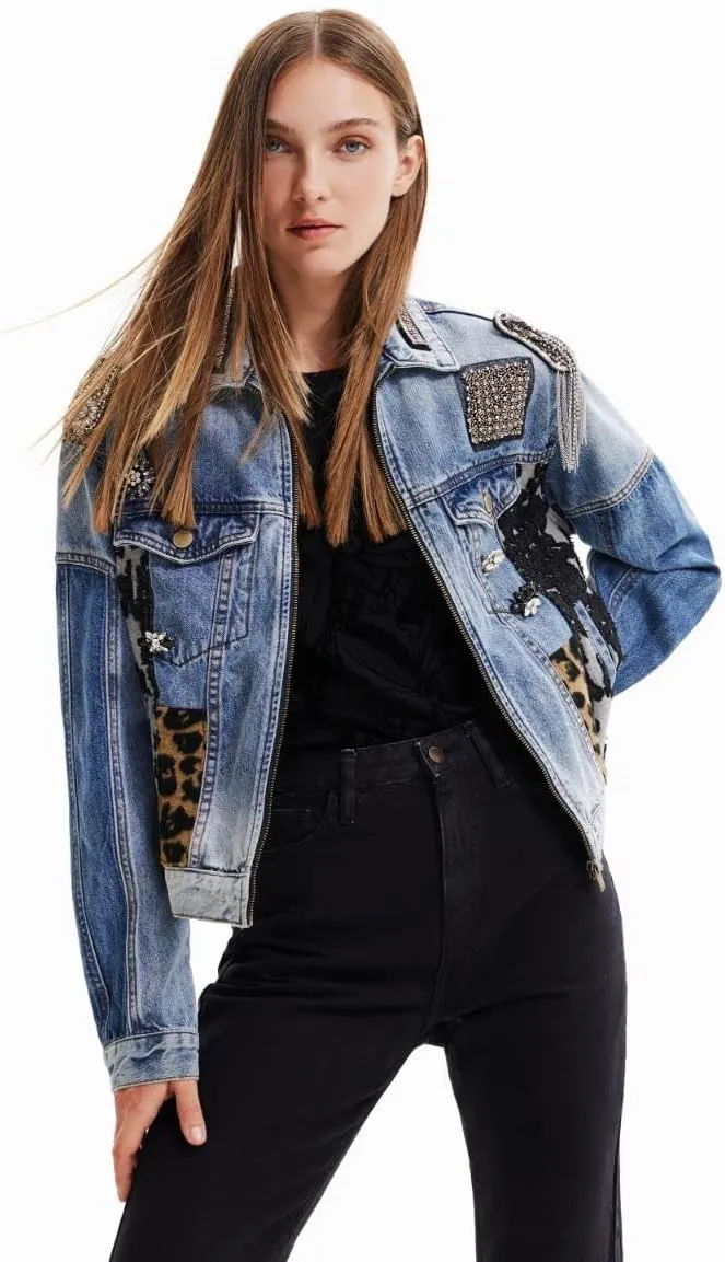 Desigual Damen Jacke - Blau, Denim mit Pailletten und Animal-Print 22WWED085005 GR. S Desigual Damen Jacke - Blau, Denim mit Pailletten und Animal-Print 22WWED085005 GR. S