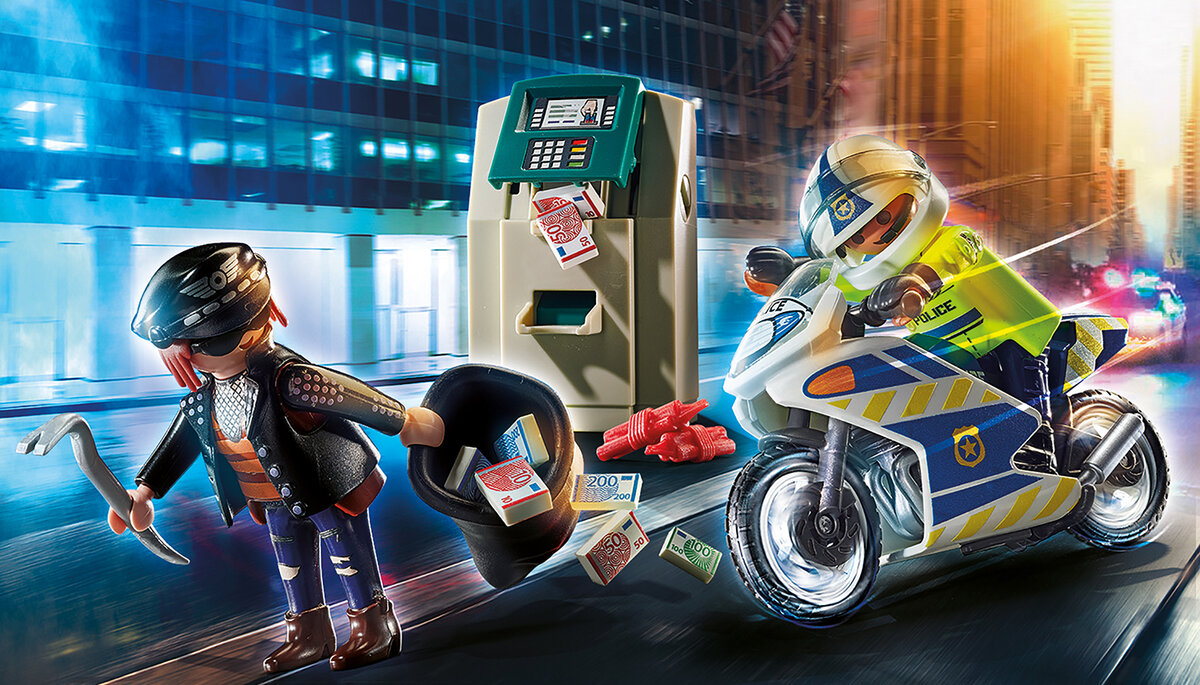 PLAYMOBIL 70572 Polizei-Motorrad: Verfolgung des Geldräubers Helme, Maschine, Rad, Person, Motorrad