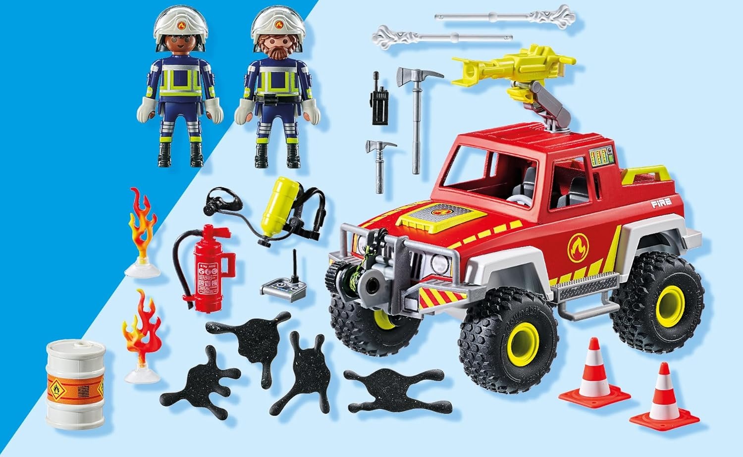 PLAYMOBIL 71824 - Action Heroes: Feuerwehrtruck mit Figur & Ölfass-Einsatz Person, Maschine, Rad, Helm