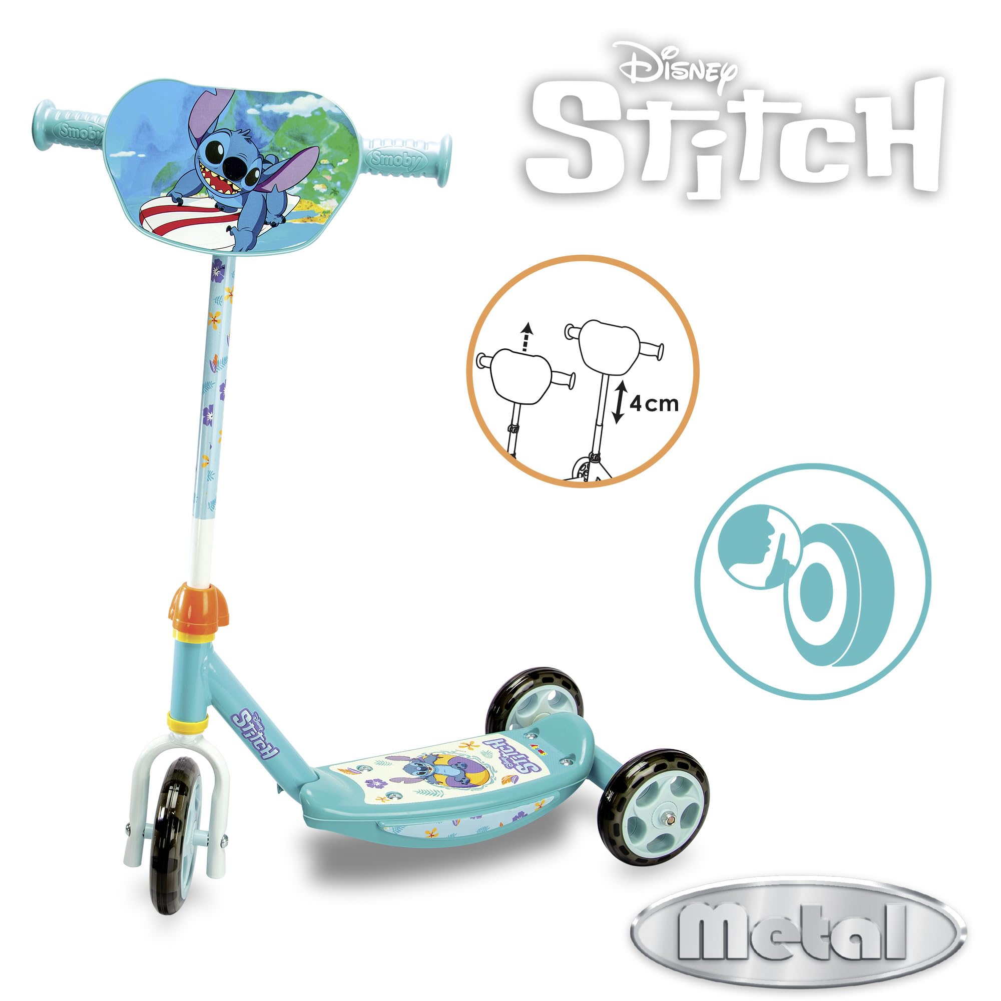 Smoby 3-Wheel Scooter Stitch ab 3 Jahren, bis 20 kg belastbar Smoby Kinder-Scooter 3-Räder mit Stitch-Motiv, robustes Metallgestell, verstellbarer Lenker bis 67 cm, leise Räder, ab 3 Jahren, max. 20 kg, Roller, Transport, Fahrzeug