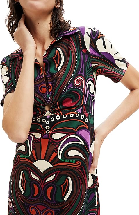 Desigual Damen Kleid - Buntes Kleid mit Retro-Muster und Knotendetail 22WWVW192000 GR. XL Bluse, Erwachsener, Weiblich, Person, Frau
