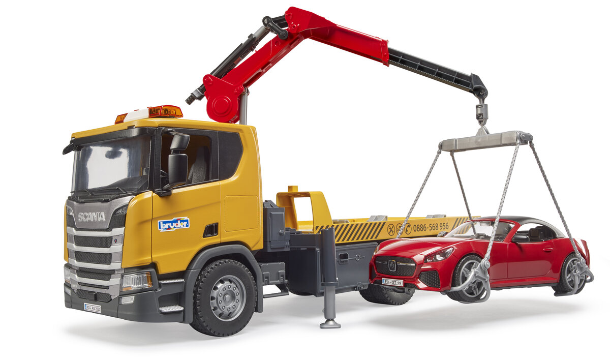BRUDER 03552 - Scania Super 560R Abschlepp-LKW mit Light & Sound Modul und BRUDER Roadster Auto, Fahrzeug, Abschleppwagen, Rad, Baukran