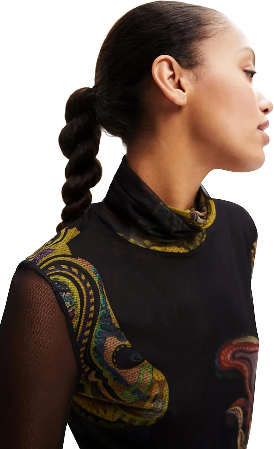 Desigual Damen Langarmshirt - Schwarzes Mesh-Shirt mit buntem Print 22WWTK392000 GR. M