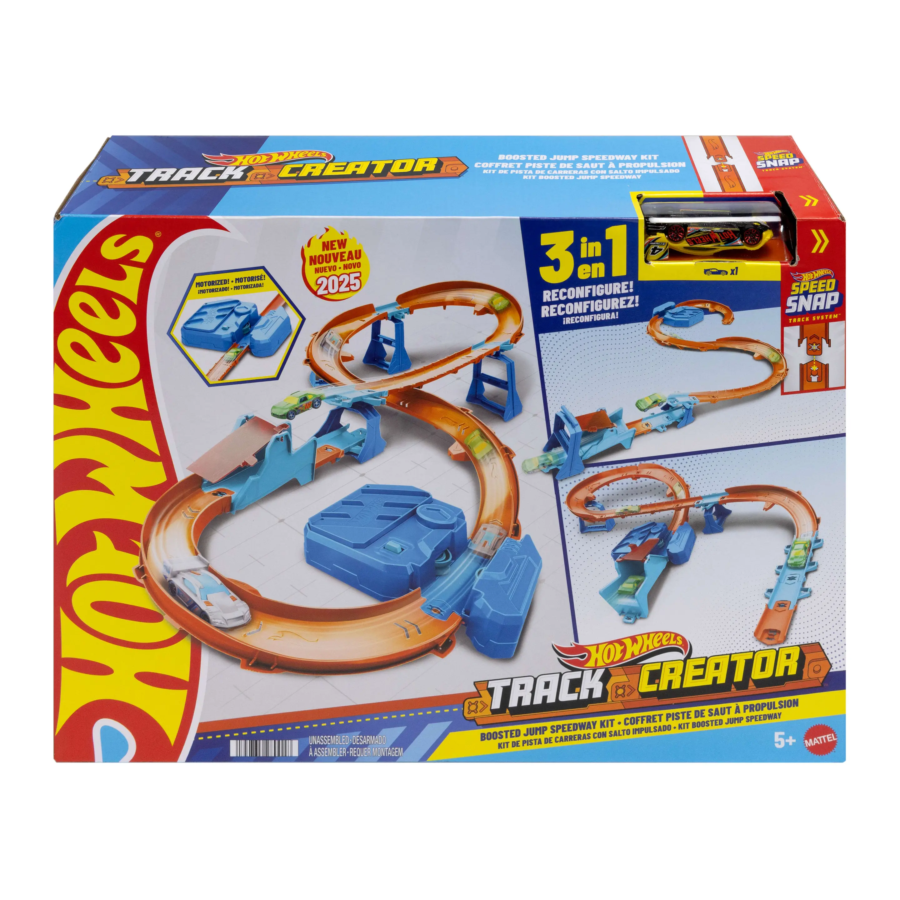 Hot Wheels Track Creator Beschleuniger-Sprung-Schnellstrecke-Set mit Spielzeugauto im Maßstab 1:64 und motorisiertem B