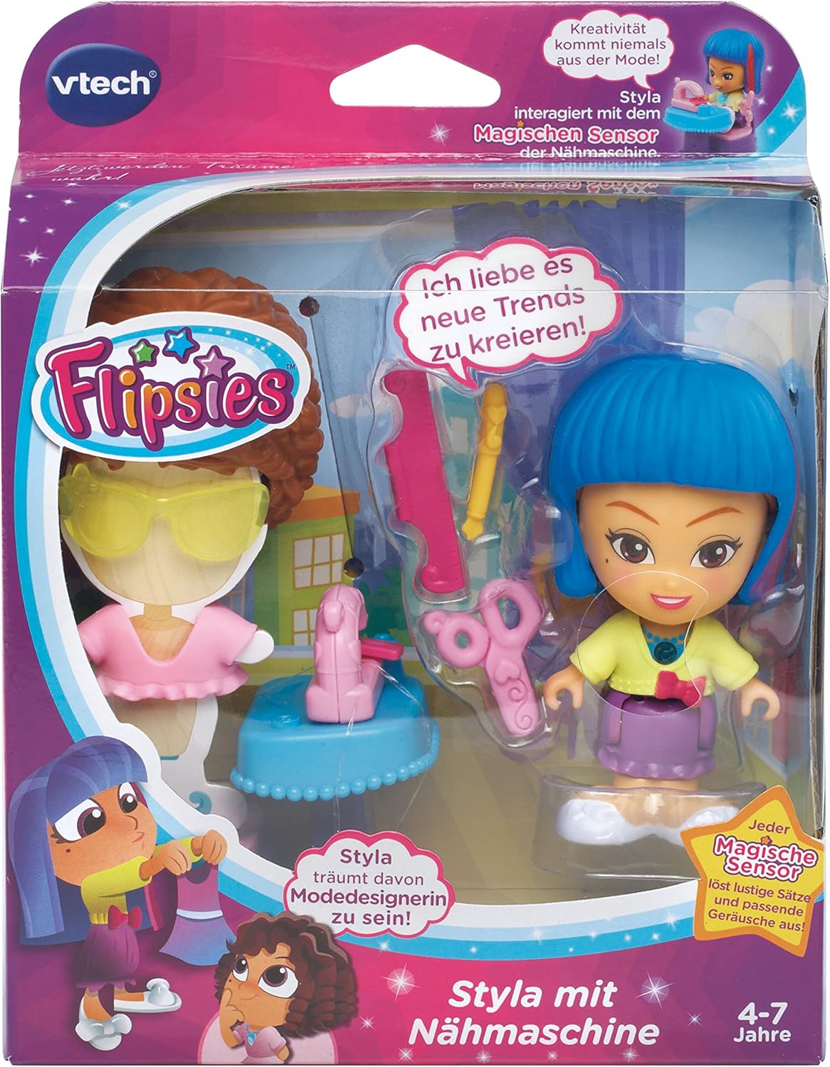 VTech Flipsies Styla mit Nähmaschine, interaktive Mode-Puppe, spricht auf Wunschstein, kombiniert mit Nähmaschinen-Modul, fördert Rollenspiel & Kreativität, Puppe, Spielzeug, Person, Gesicht, Kopf