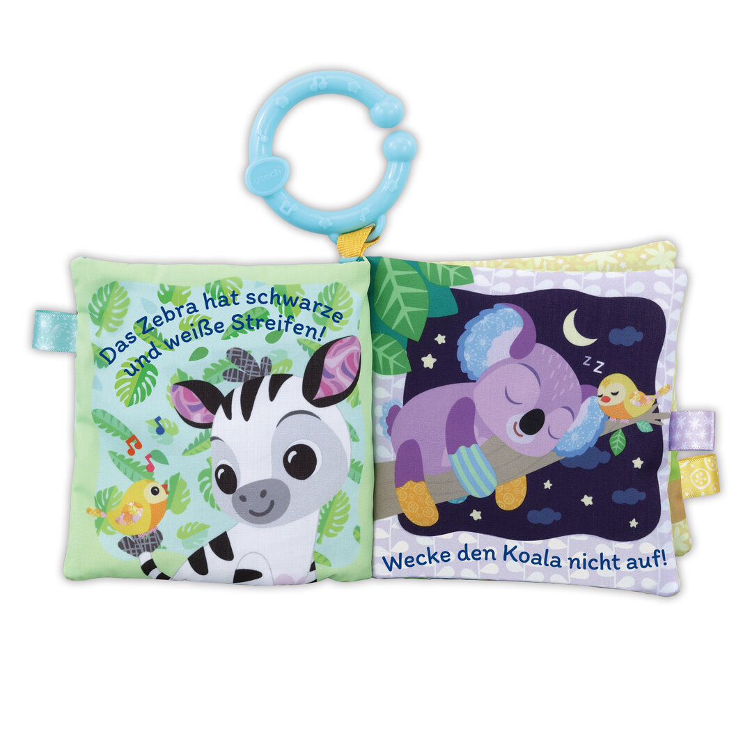 VTech Babys Tierfreunde-Geschenkset Motorik-Spielzeug ab 6 Monaten VTech Babys Tierfreunde-Geschenkset aus 3 Teilen: weiches Stoffbuch, Zebrarassel, Vogel mit Spiegel & Beißhilfe; 6 Lieder, 45 Melodien, 82 % recycelter Plüsch, kindersicher ab 0,5 J., Kissen, Dekoration für Zuhause, Applikation, Kopfkissen, Plüsch