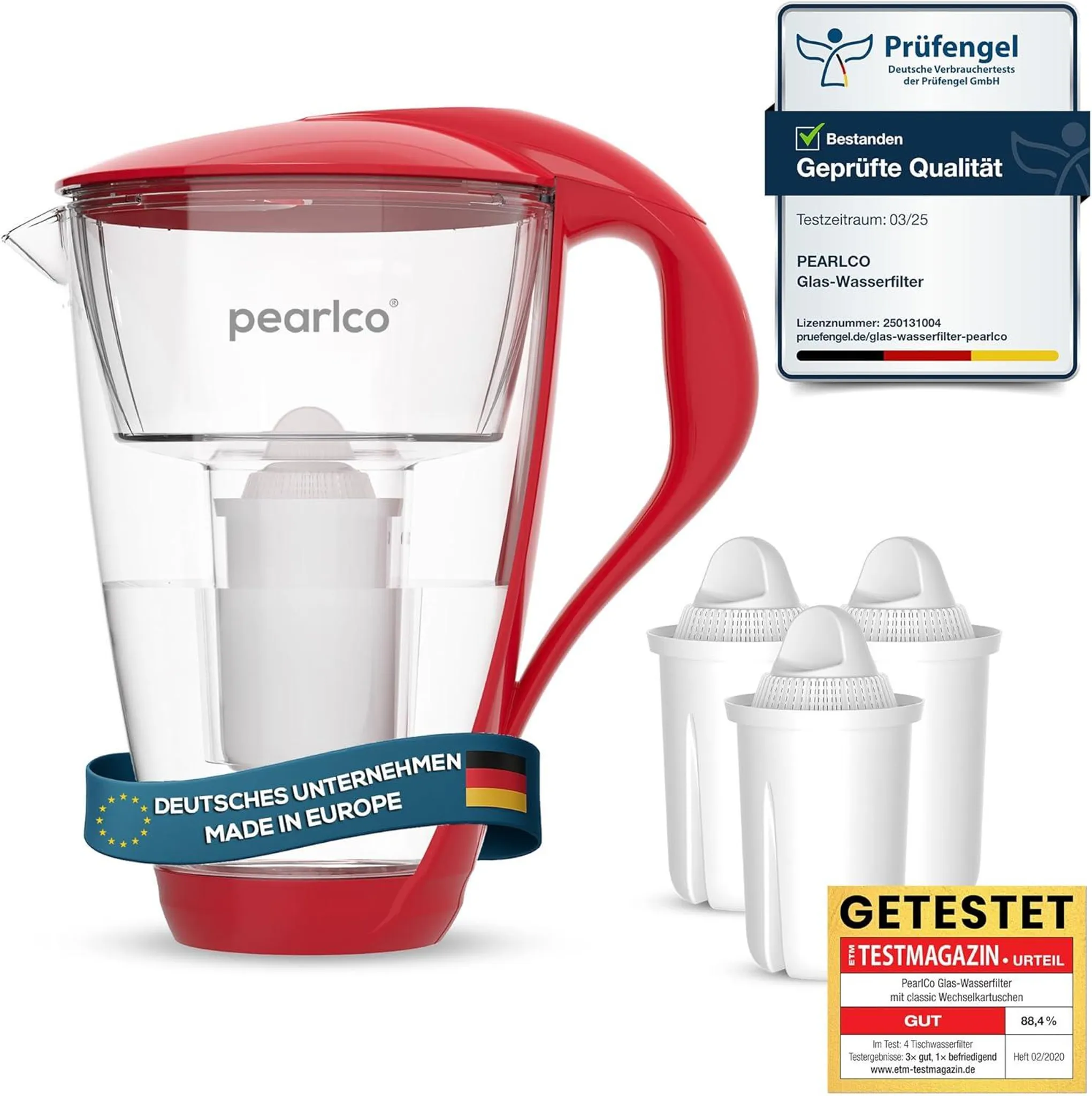 PEARLCO 234265 Glas-Wasserfilter inkl. 3 Kartuschen Rot