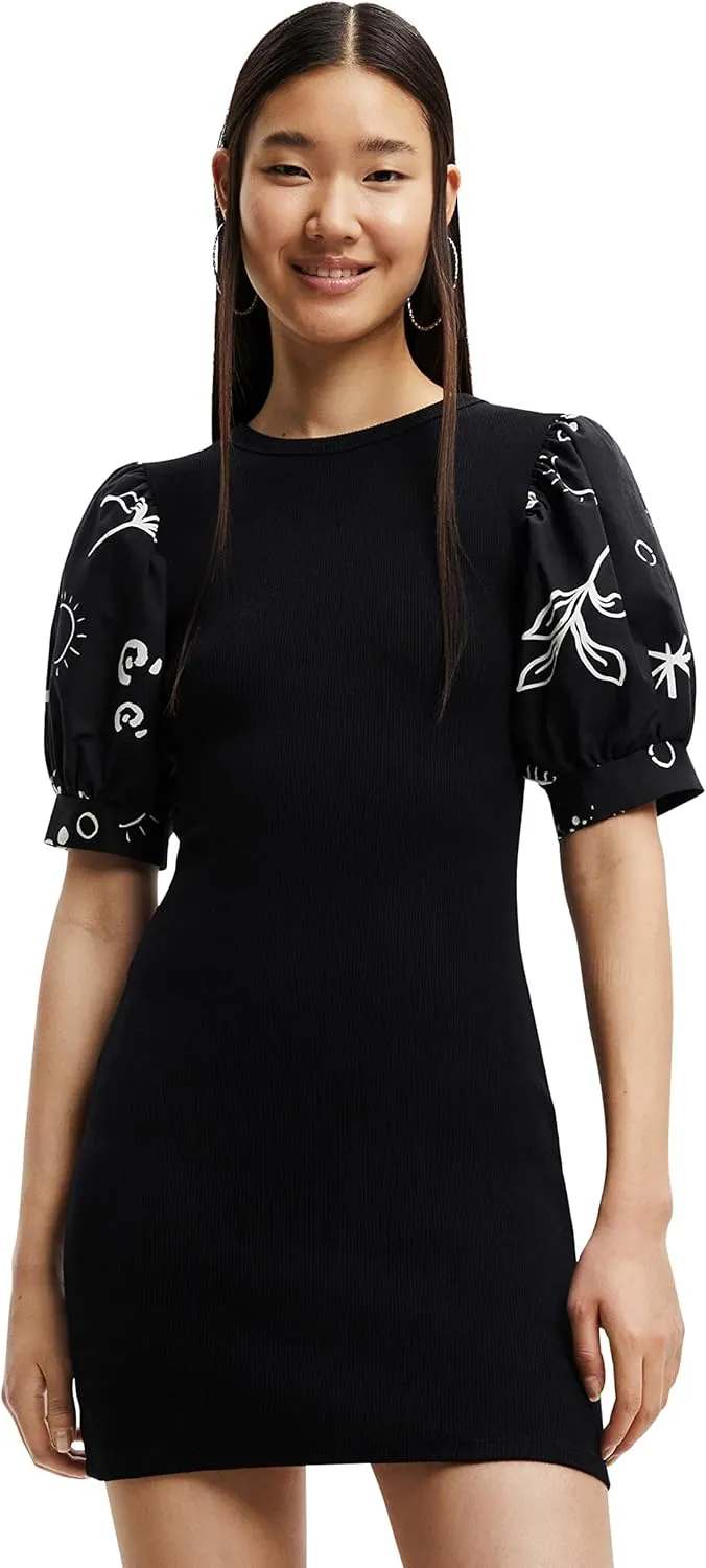 Desigual Damen Kleid - Schwarzes Kleid mit Puffärmeln und Kontrastprint 22WWVK712000 GR. L Desigual Damen Kleid - Schwarzes Kleid mit Puffärmeln und Kontrastprint 22WWVK712000 GR. L