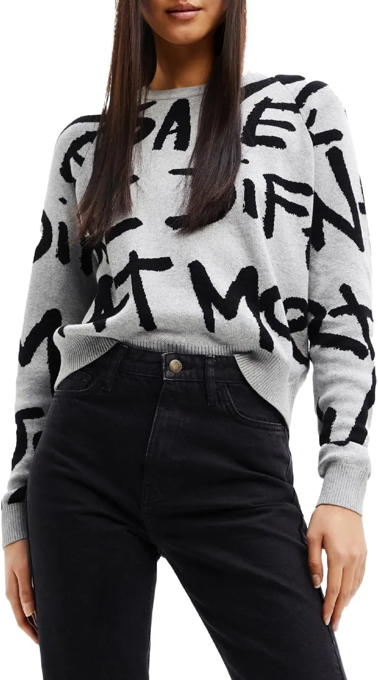 Desigual Damen Pullover - Grauer Sweater mit Statement-Print 22WWJFA62042 GR. S Desigual Damen Pullover - Grauer Sweater mit Statement-Print 22WWJFA62042 GR. S