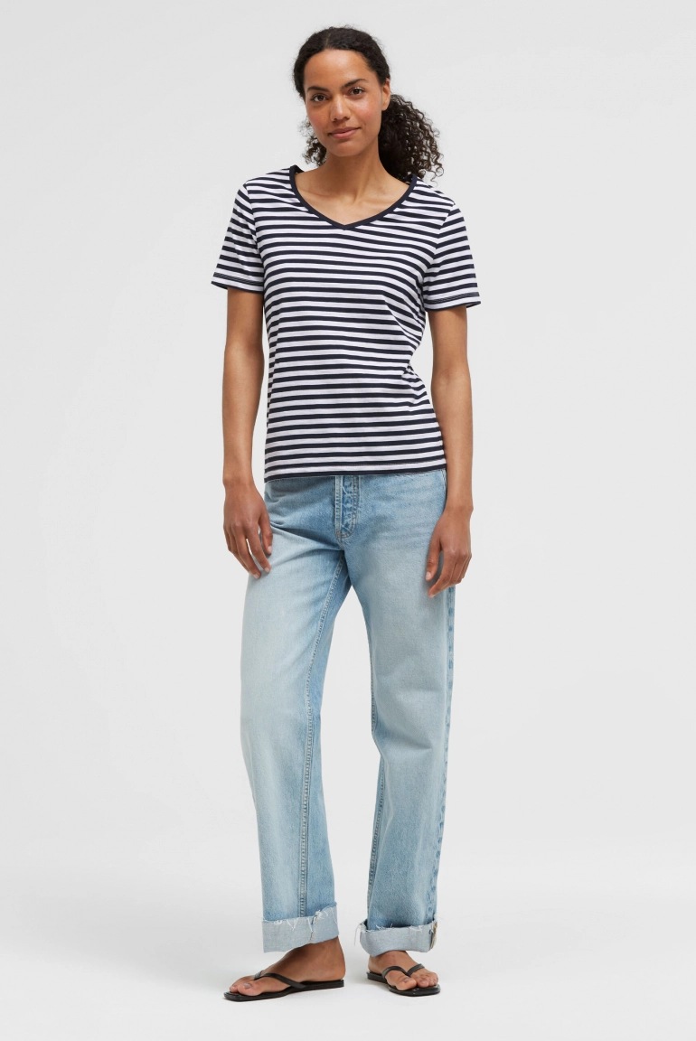 SENSES Gestreiftes T-Shirt TIM:MI mit V-Ausschnitt night navy / opticwhite SENSES Gestreiftes T-Shirt TIM:MI mit V-Ausschnitt night navy / opticwhite