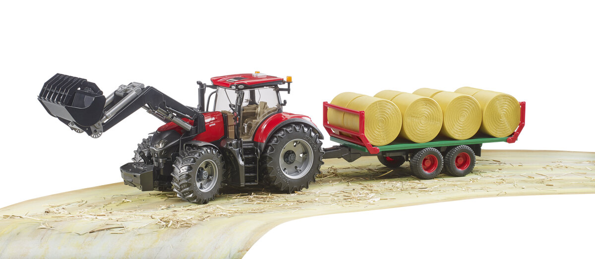 BRUDER 03198 - Case IH Optum 300CVX mit Frontlader und Ballentransportanhänger Maschine, Rad