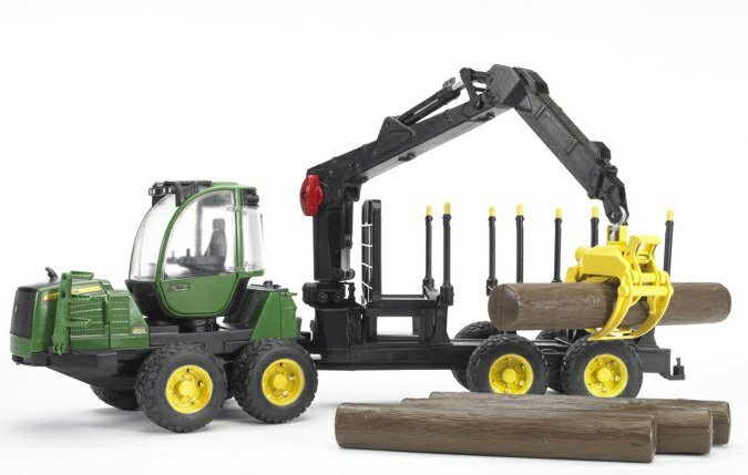 Bruder 02133 John Deere 1210E Rückezug mit 4 Baumstämmen und Holzgreifer Maschine, Bulldozer