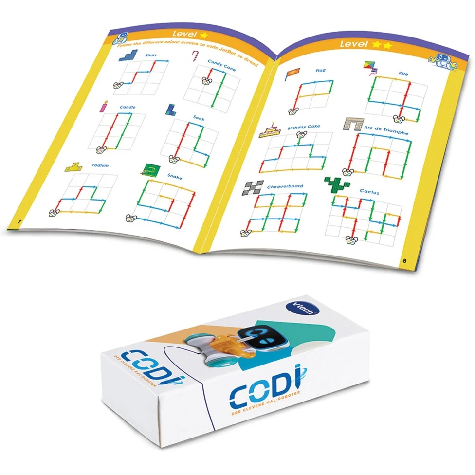VTech Codi, der clevere Mal-Roboter interaktiv ab 4 Jahren VTech Codi, der clevere Mal-Roboter aus Kunststoff -0,55 kg, 3 Modi Vorlage, Malen, Codieren, 15 Chipkarten, 99 Motive, LED-Augen, kindersicheres Batteriefach, ab 4 J.,