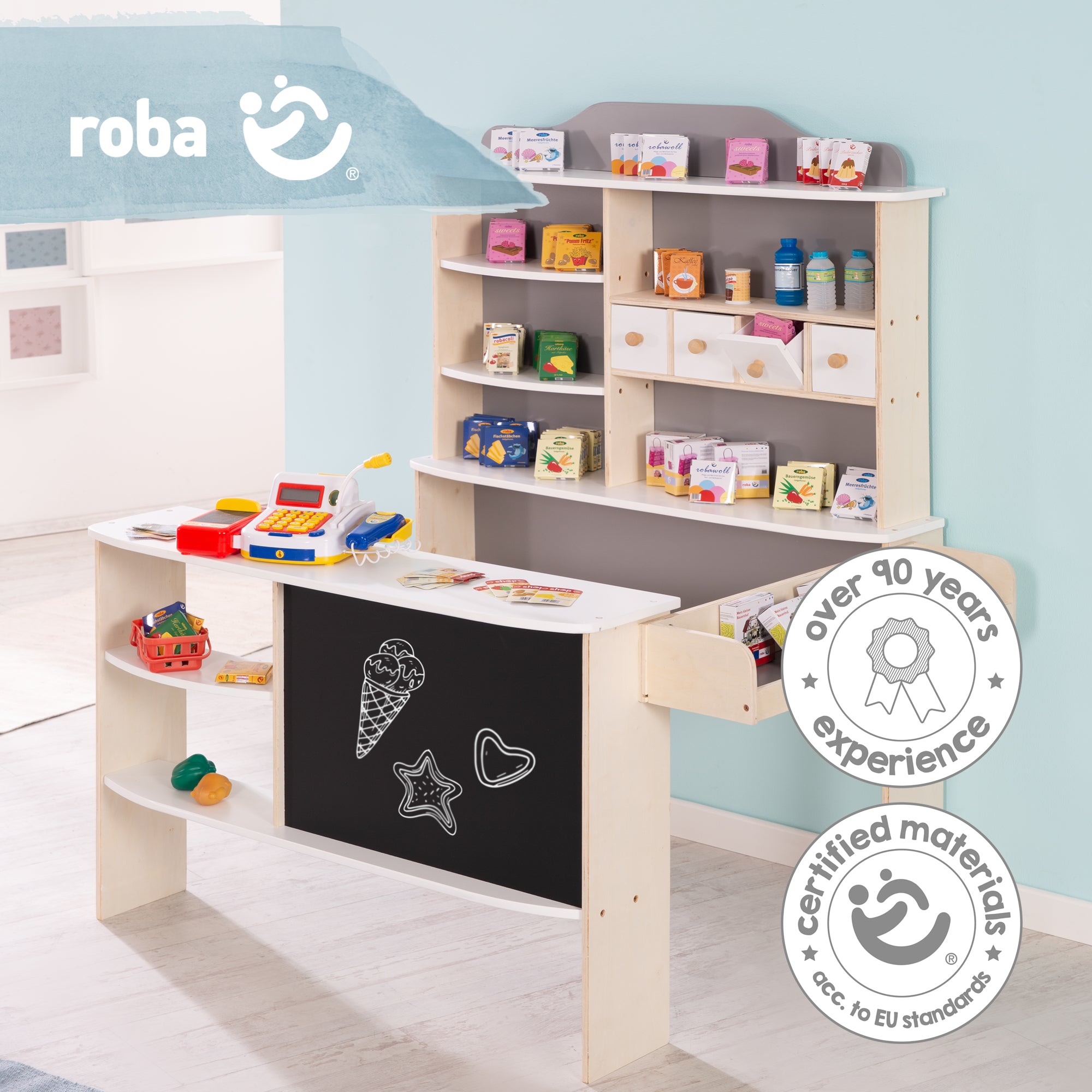 Roba 9892GAZU Verkaufsstand mit Zubehör natur lackiert – Rollenspiel - Bild 3 Roba 9892GAZU Verkaufsstand mit Zubehör natur lackiert – Rollenspiel - Produktbild 3