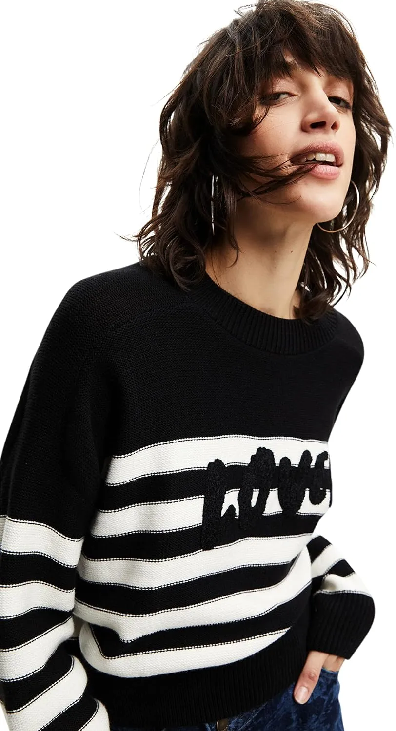 Desigual Damen Pullover - Gestreifter Strickpullover mit „Loved“ Schriftzug 22WWJF262000 GR. M Desigual Damen Pullover - Gestreifter Strickpullover mit „Loved“ Schriftzug 22WWJF262000 GR. M
