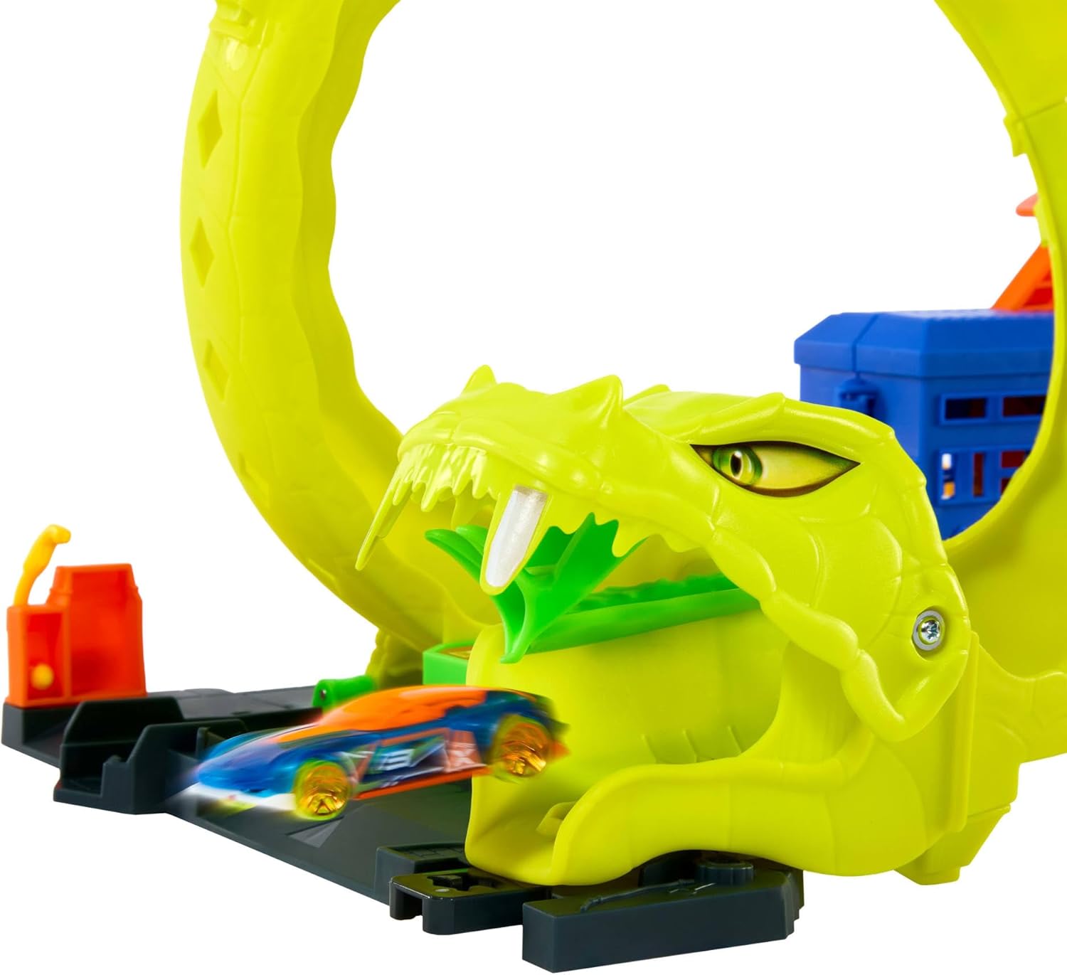 Hot Wheels Schlangen-Spiralattacke Spielset mit Die-Cast-Spielzeugauto im Maßstab 1:64 und schnellem Track-Stecksystem