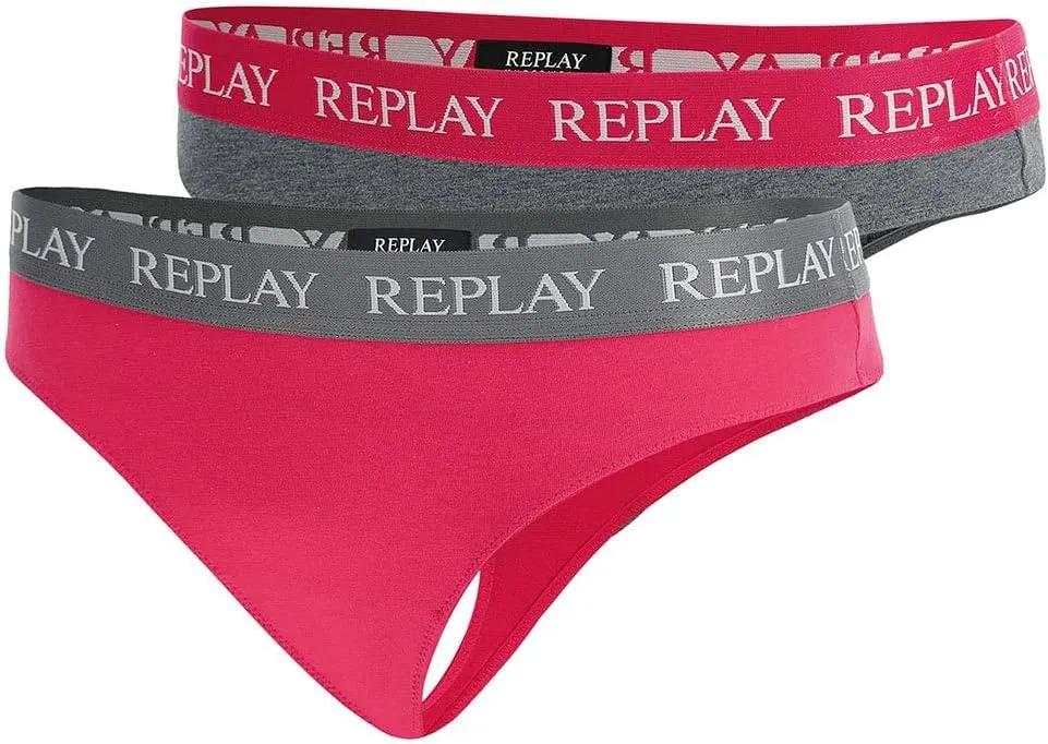 REPLAY Damen Strings I101296GP - Grau/Pink, 2er Pack mit Logo-Bund REPLAY Damen Strings I101296GP - Grau/Pink, 2er Pack mit Logo-Bund