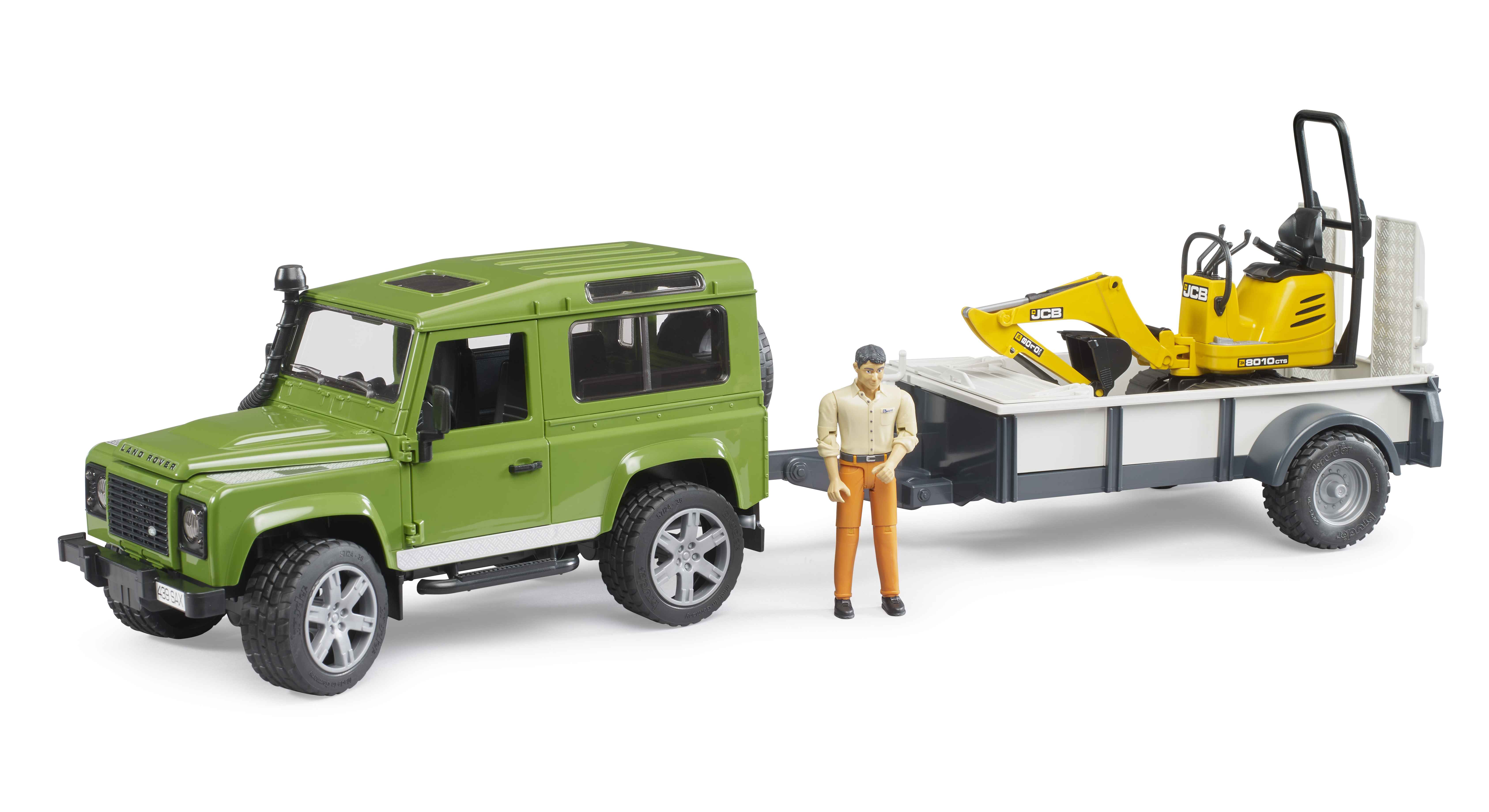 BRUDER 02593 - Land Rover Defender Station Wagon mit Einachsanhänger, JCB Mikrobagger 8010 CTS und Bauarbeiter
