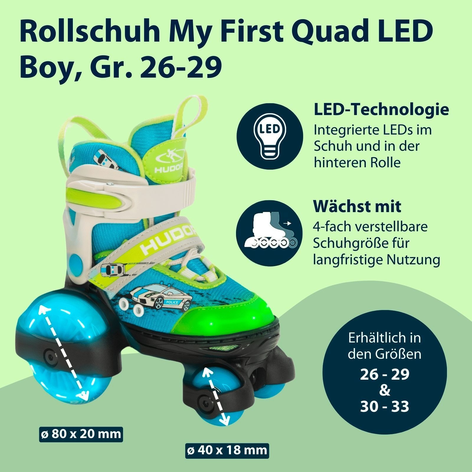 HUDORA Rollschuh My First Quad LED, Boy, Gr. 26-29 - HUDORA 22050 Produktfoto - Hudora - HUDORA Rollschuh My First Quad LED, Boy, Gr. 26-29 - Modell HUDORA 22050