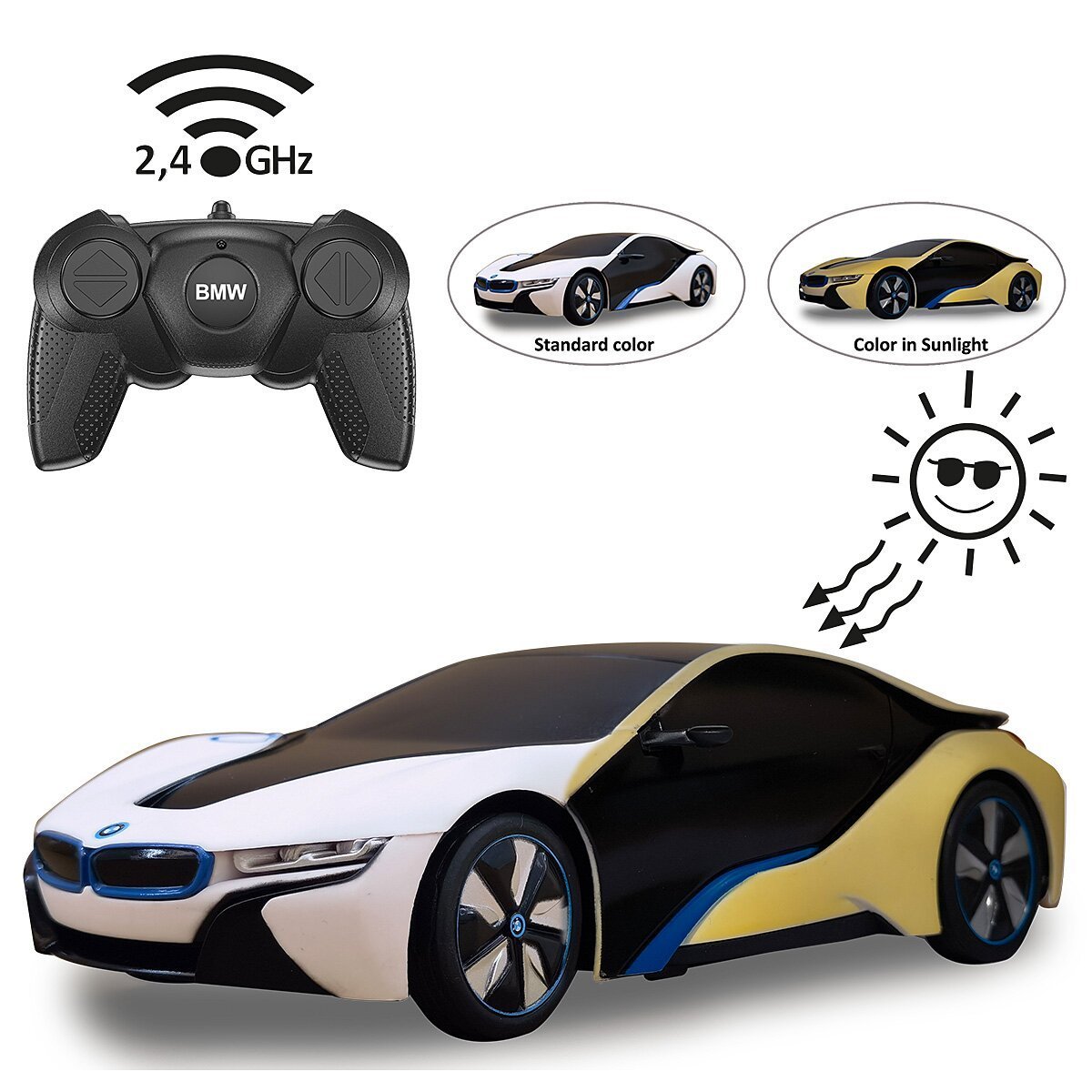 JAMARA BMW I8 1:24 weiß/gelb 2,4GHz UV Photochromic Serie ab 6 Jahren