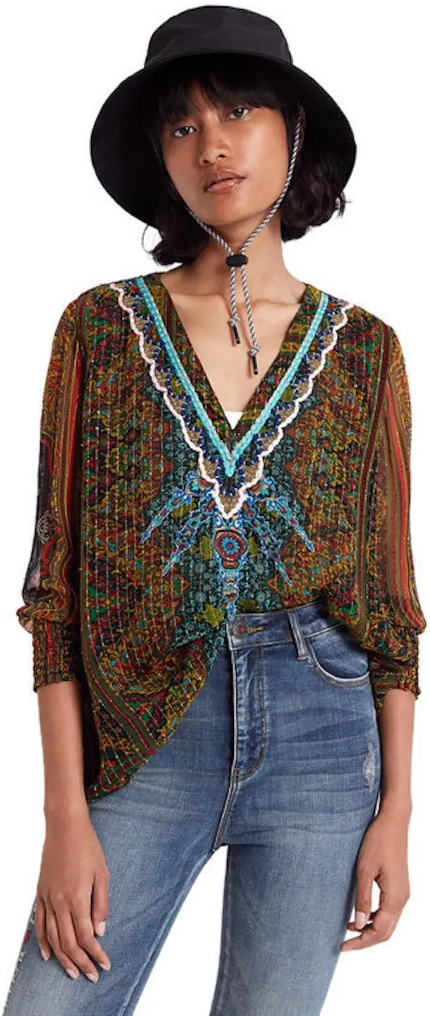 Desigual Damen „Yamila“ - Goldfarben Ethno-Muster 19WBLUYM Bluse GR. M Desigual Damen „Yamila“ - Goldfarben Ethno-Muster 19WBLUYM Bluse GR. M