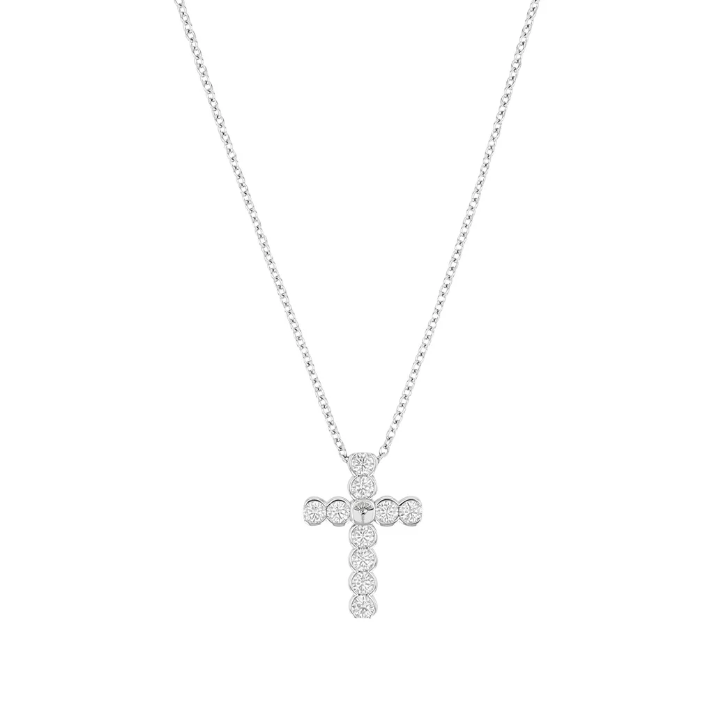 JOOP! Halskette - aus rhodiniertem 925 Sterling Silber, Kreuzanhänger mit weißen Zirkonia und Joop Logo, Rundankerkette, 42+3 cm, Damen
