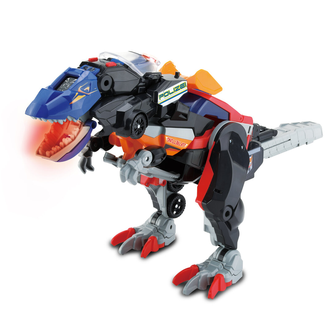 VTech Switch & Go Dinos 3-in-1 Super-T-Rex, ab 3 Jahren VTech Switch & Go Dinos 3-in-1 Super-T-Rex aus Kunststoff ~30 × 53 cm, transformiert zu Dino, Polizei-Auto & Helikopter mit über 30 Sound-Sätzen, LED-Effekten, Lautstärkeregler & kindersicher, 3 8 J., Spielzeug, Roboter
