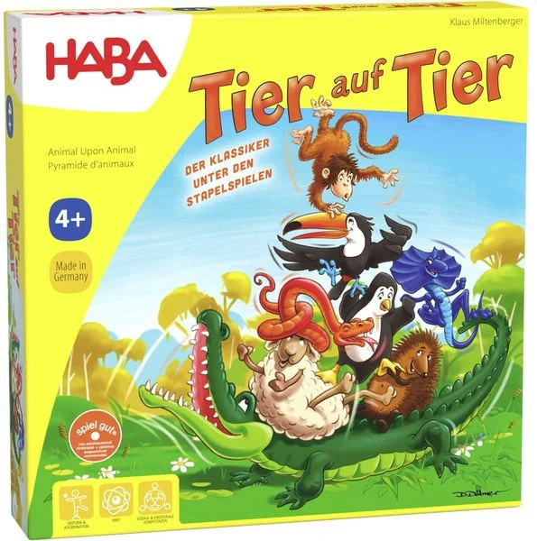 HABA Tier auf Tier Lustiges Stapelspiel mit Holzfiguren für Geschicklichkeitsspaß