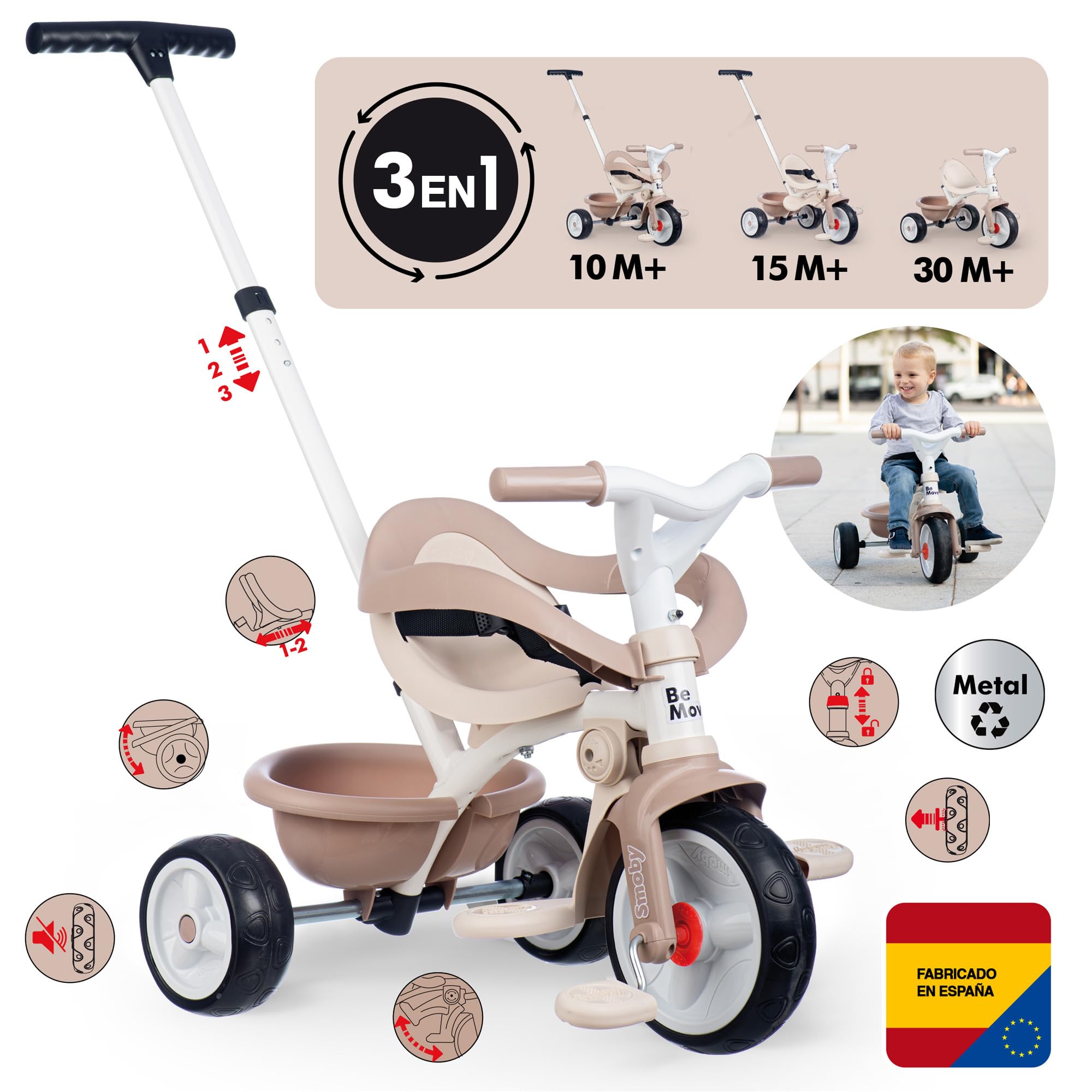 Smoby Dreirad Be Move Komfort Beige Mitwachsendes Kinderdreirad mit Schubstange & Zubehör 7600740418 Dreirad, Junge, Kind, Männlich, Person