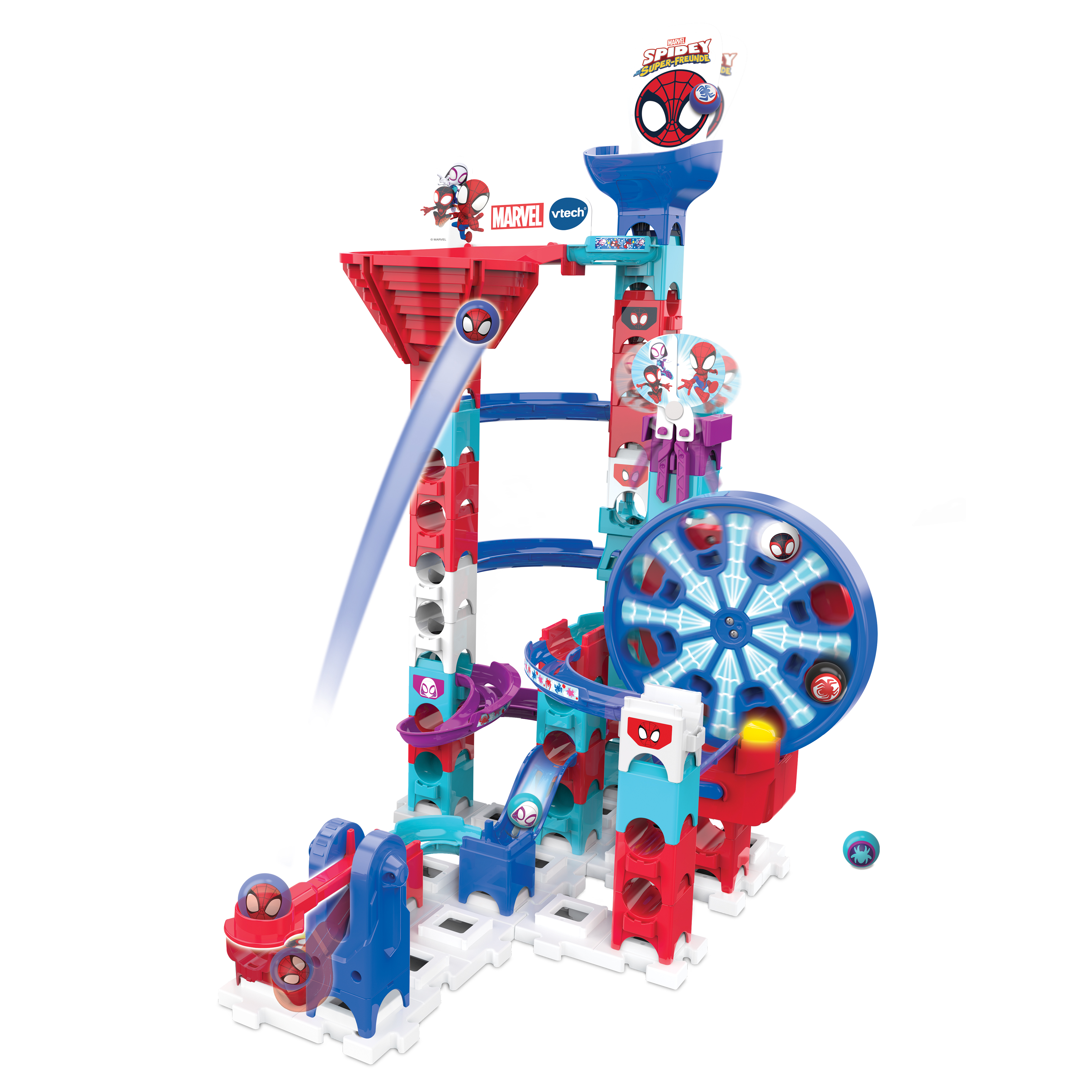VTech Marble Rush Spidey Super Spin Challenge SP300 E interaktive Kugelbahn ab 4 Jahren VTech Marble Rush Spidey Super Spin Challenge SP300 E 62 Teile mit motorisiertem Riesenrad, 6 Spidey-MarBalls, einstellbarer Launcher, versteckter Spidey-Effekt, fördert Kreativität & räumliches Denken, ab 4 J., Spielzeug, Spielbereich, Maschine, Rad