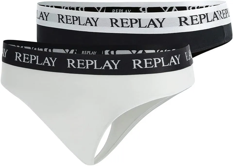 REPLAY Damen Strings I101296BW - Schwarz/Weiß, 2er Pack mit Logo-Bund GR. L