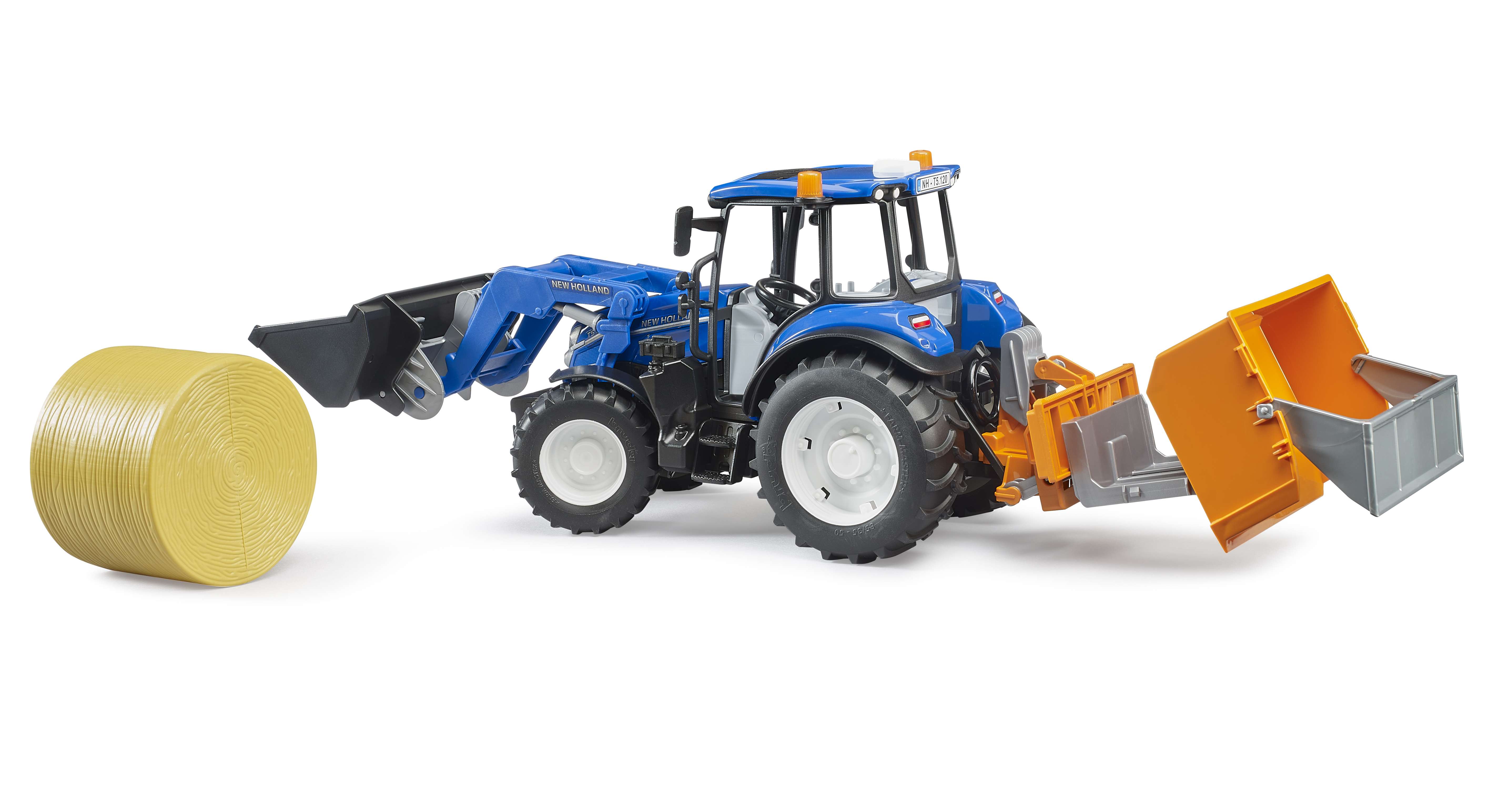 BRUDER 02187 - New Holland T5.120 mit Frontlader, Ladekasten, Gabeln und Rundballen - Bild 7
