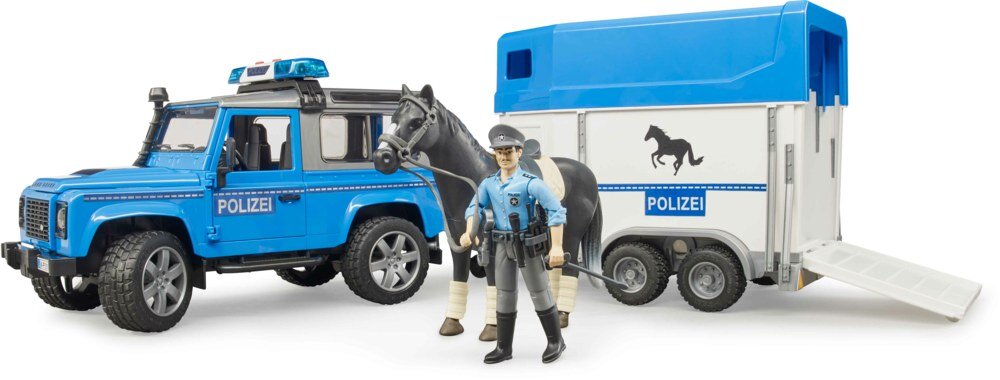 Bruder 02588 Land Rover Defender Polizeifahrzeug, Pferdeanhänger, Pferd Und Polizist Bruder, 02588, Land, Rover, Defender, Polizeifahrzeug, Pferdeanhänger, Pferd, Und, Polizist, Person, Maschine, Rad