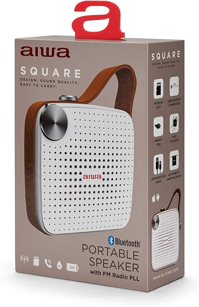 Aiwa_BS-100GY_Square_Tragbarer_Lautsprecher_mit_Bluetooth,_microSD,_FM,_wasserdicht,_Leder-Finish, Elektronik, Radio