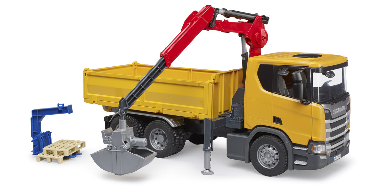 BRUDER 03551 - Scania Super 560R Baustellen-LKW mit Kran und 2 Paletten Maschine, Rad, Transport, Lastwagen, Fahrzeug