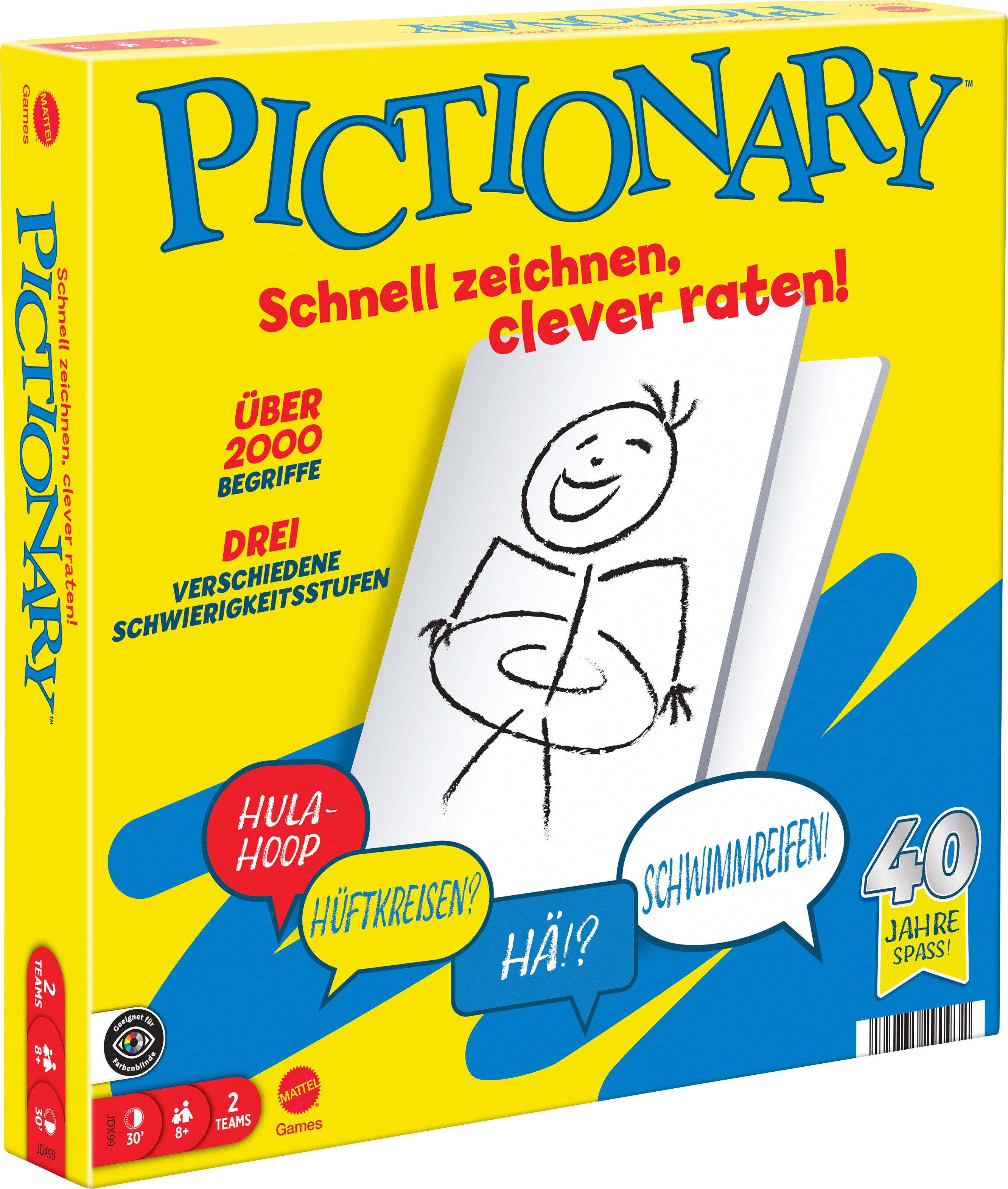 Pictionary, Familienbrettspiel, für, Kinder, und, Erwachsene, und, Spieleabende, mit, abwischbaren, Maltafeln, und, Stiften