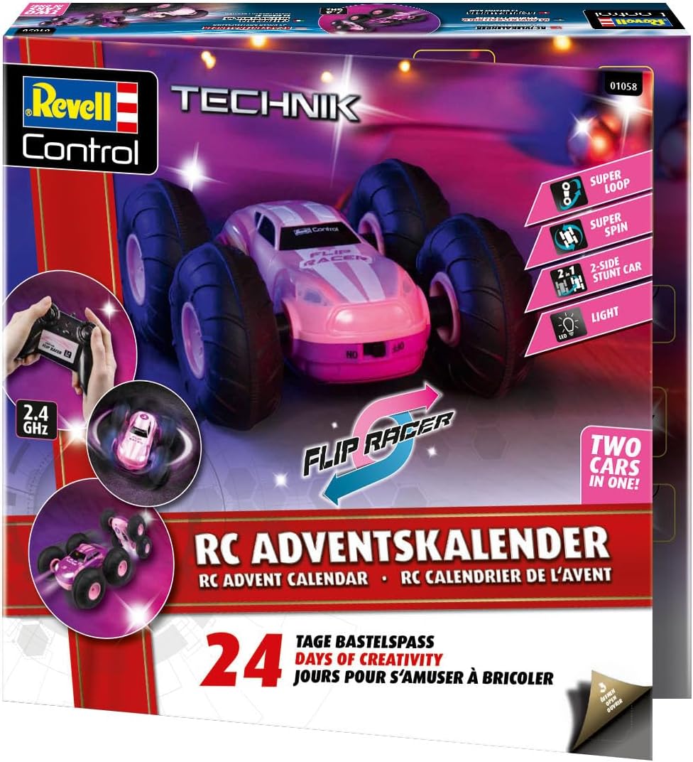RC Stunt Car Flip Racer Pink – RC Adventskalender mit Stunt-Wagen von Revell Control Revell Control RC Adventskalender – Flip Racer Pink (01058) mit LED‑Spielsportwagen und 2,4 GHz Fernsteuerung