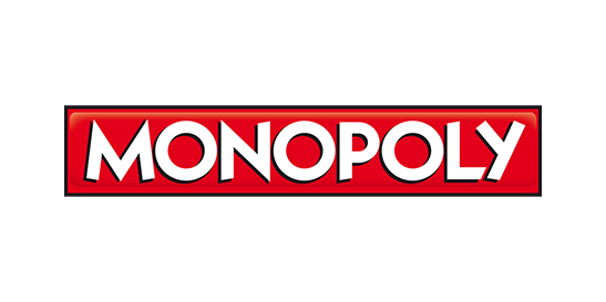 Monopoly-Logo – weißer Schriftzug auf rotem Banner, teilweise mit Mr. Monopoly als Spielfigur Monopoly-Logo – weißer Schriftzug auf rotem Banner, teilweise mit Mr. Monopoly als Spielfigur