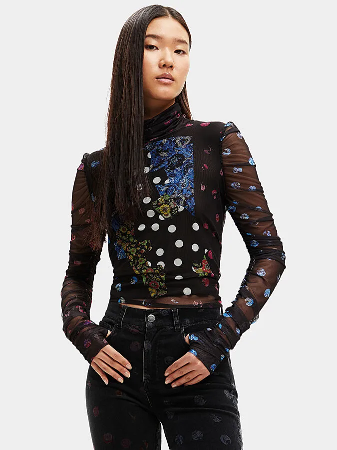 Desigual Damen Langarmshirt - Schwarzes Mesh-Shirt mit buntem Patch-Design 22WWTK472000 GR. XS