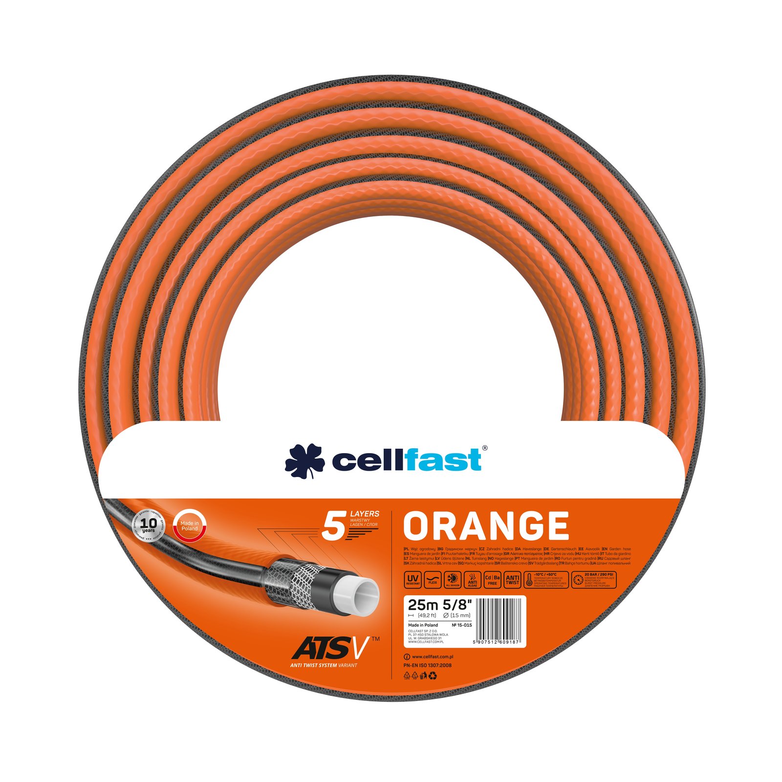 Cellfast 5-lagiger Gartenschlauch ORANGE 5/8" 25 m*