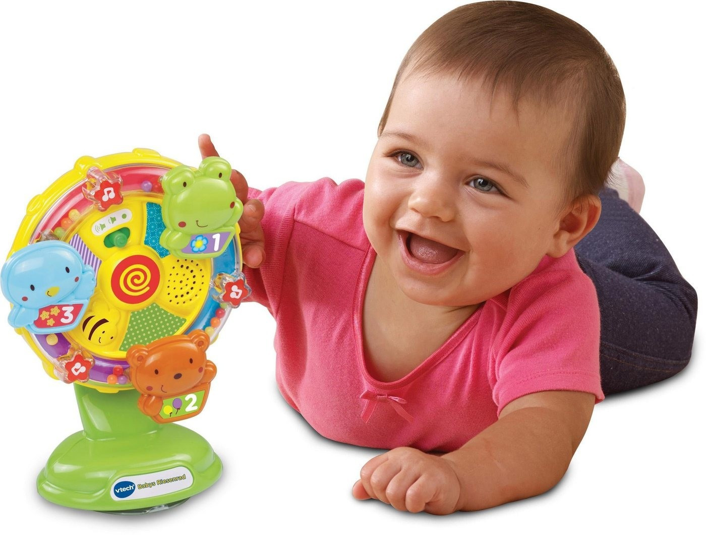 VTech Babys Riesenrad Musikalische Spieluhr mit Saugnapf, ab 6 Monaten VTech Babys Riesenrad mit blinkenden Sternen, 3 Funktionstasten zum Lernen von Namen & ersten Zahlen, 10 Melodien, 5 gesungene Lieder, Saugnapf, Lautstärkeregler, ab 6 Monaten, Kopf, Person, Gesicht, Glücklich, Portrait