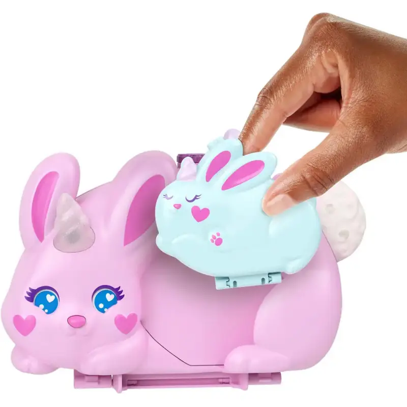 Polly Pocket 2-in-1-Bunny Fun Schatulle, tragbares Taschen-Spielset mit 2 Puppen und 12 Zubehörteilen inklusive Tieren