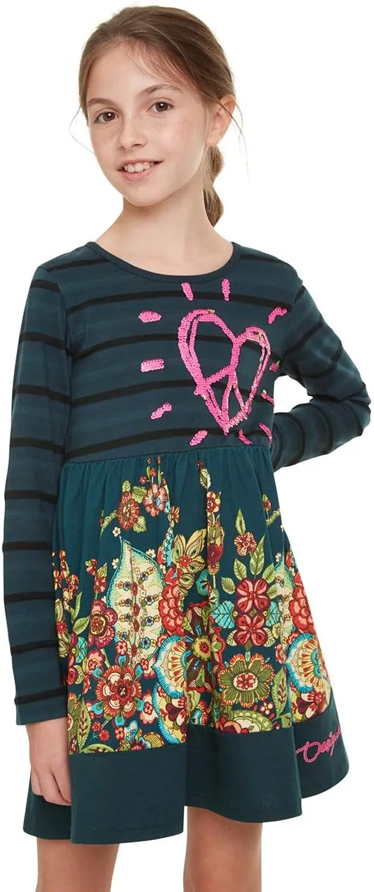 Desigual Mädchen Kleid „Physalis“ - Blumenmuster mit Pailletten-Herz 19WGVK93