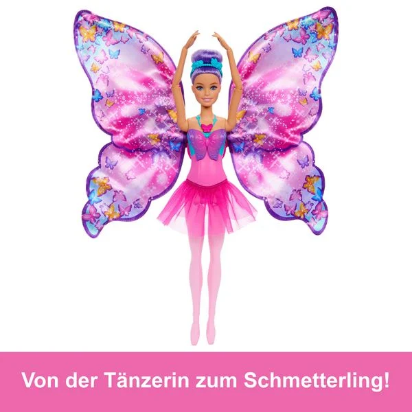 Barbie® Tanz & Flatter Puppe - 2-in-1 Verwandlung von Tänzerin zu Schmetterling, violettes Haar, HXJ10