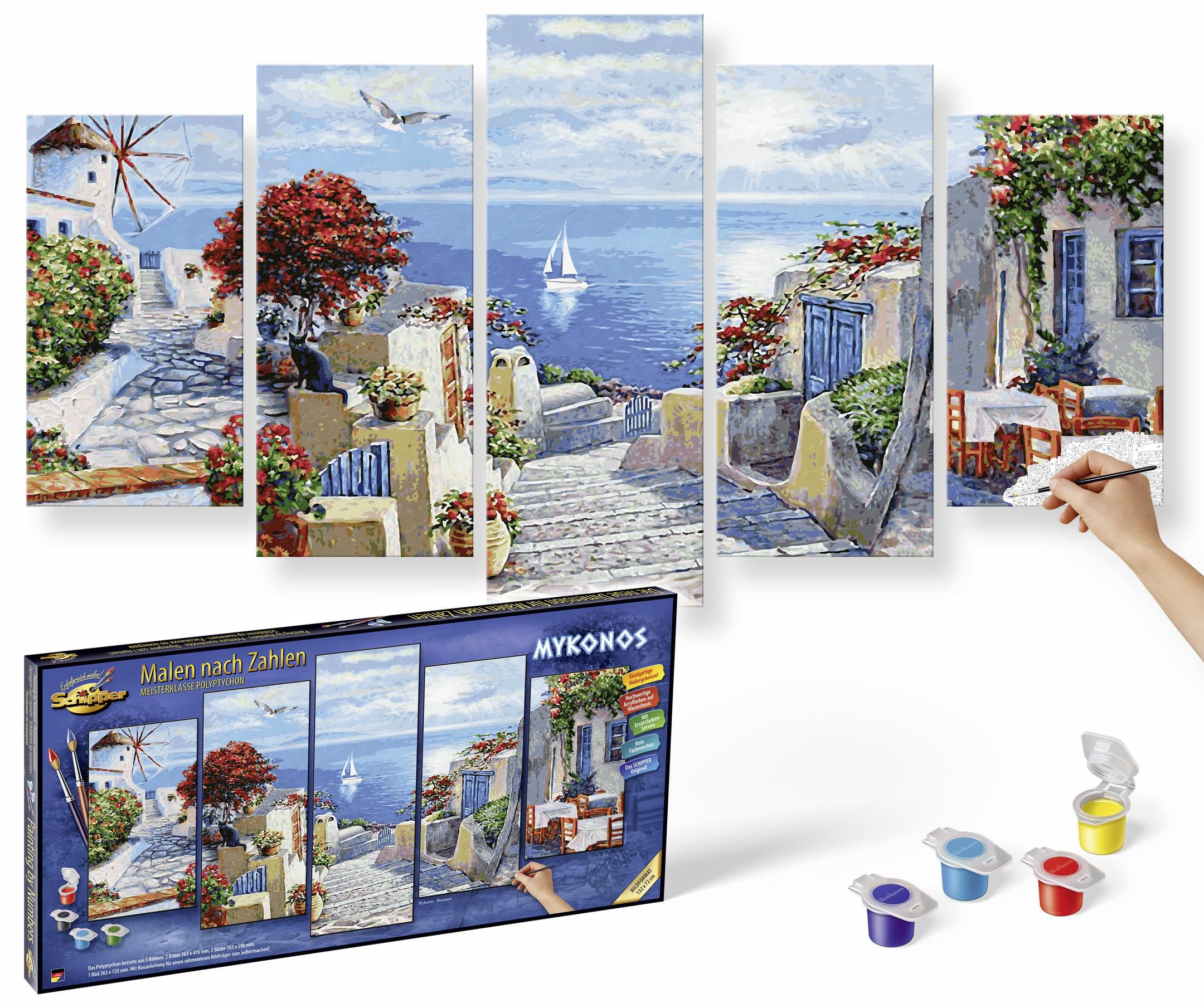 Schipper Mnz Mykonos Fünfteiliges Panorama-Malset Mit Mediterranem Flair 609450797 Topfpflanze, Kunst, Collage, Blumen-Arrangement, Blumenstrauß