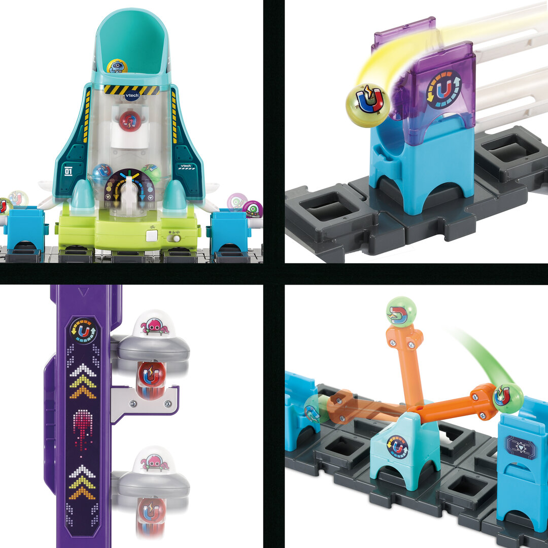 VTech Marble Rush Space Magnetic Set XL300 E magnetische Kugelbahn ab 4 Jahren VTech Marble Rush Space Magnetic Set XL300 E aus Kunststoff 119 Teile, inkl. elektronischem Modul, 5 MarBalls 5 magnetischer Kugeln, U-Kurve, UFO-Aufzug, magnetischer Pendel, fördert Motorik & räumliches Denken, ab 4 J., Spielzeug, Spielbereich