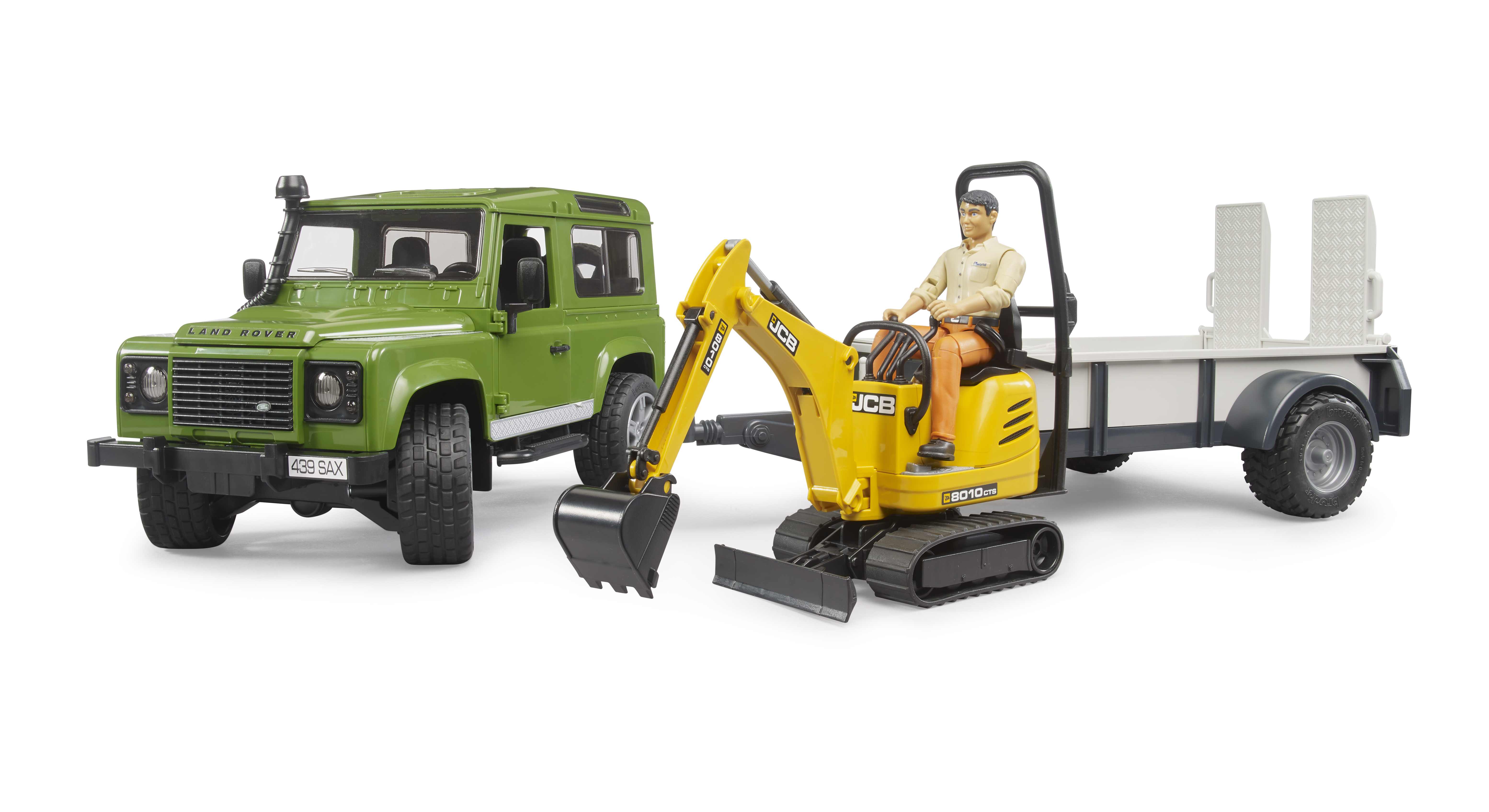 BRUDER 02593 - Land Rover Defender Station Wagon mit Einachsanhänger, JCB Mikrobagger 8010 CTS und Bauarbeiter - Bild 2